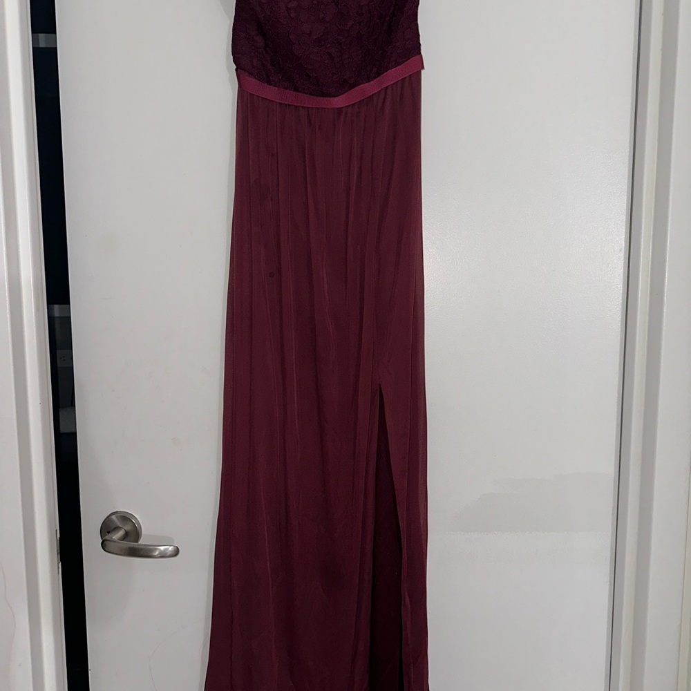 David's Bridal Red Pleated Slit Gown